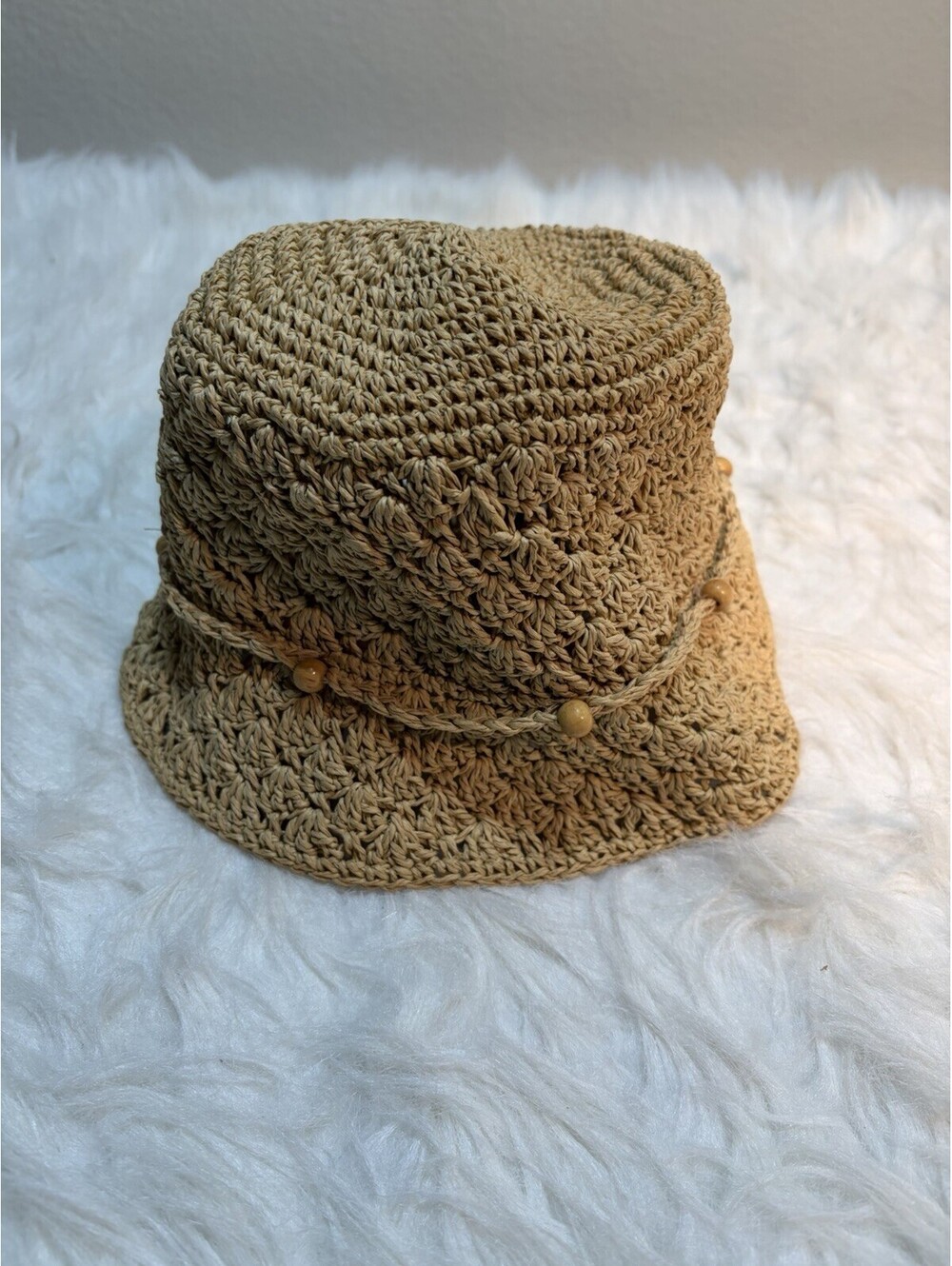 Paper Straw Hat - ONE SIZE - Bead Detail. 3”brim